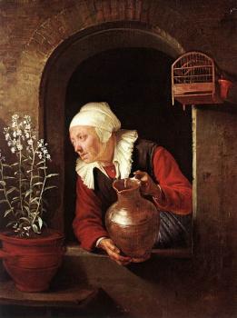 格裡特 道 Old Woman Watering Flowers